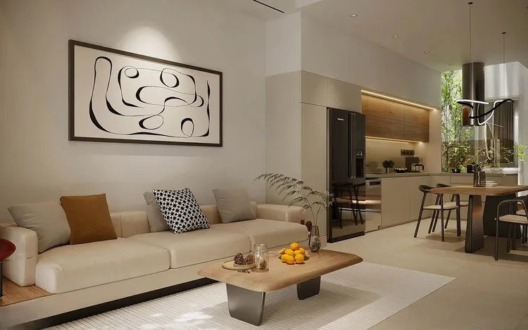 Ảnh bếp nhà ống liền phòng khách mở rộng không gian sinh hoạt