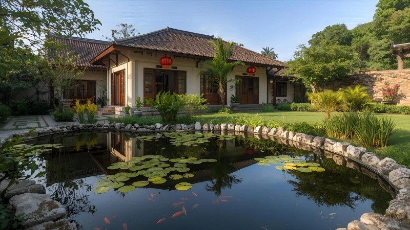 Ý tưởng làm hồ cá koi mặt tiền nhà sang trọng đẳng cấp