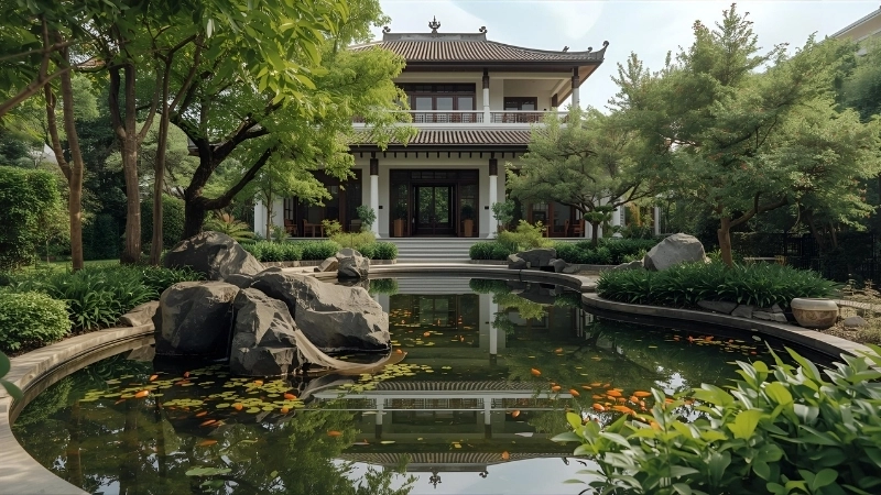 Kiểu hồ cá koi hình bán nguyệt mềm mại trước nhà