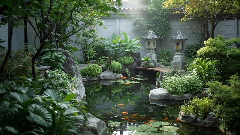 Mẫu thiết kế hồ cá sân vườn đẹp hiện đại với thác nước chảy róc rách