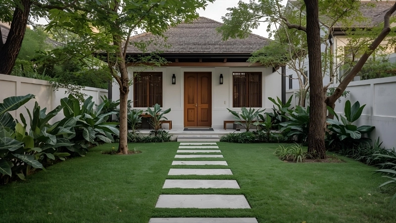 Đá bước dặm sân vườn hình tròn đặt trên nền sỏi