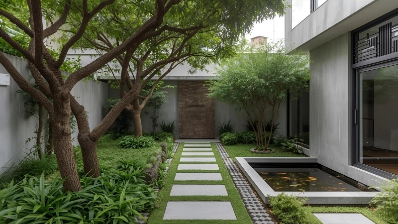 Lối đi bằng gạch thẻ xếp hình xương cá nghệ thuật