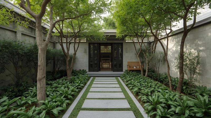 Lối đi sân vườn nhật bản với hồ cá koi và đèn đá