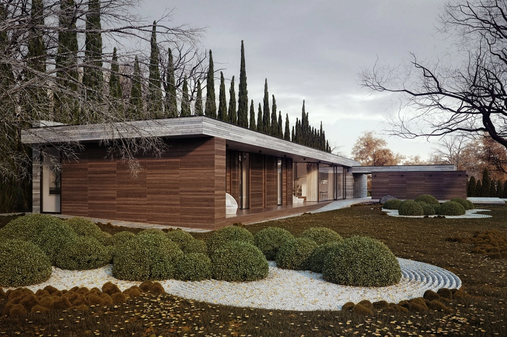 Phối cảnh đêm lung linh của nhà vườn chữ L 3 phòng ngủ