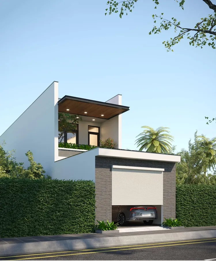 Hình ảnh gara kết hợp sân vườn nhà ống xanh mát và tiện nghi