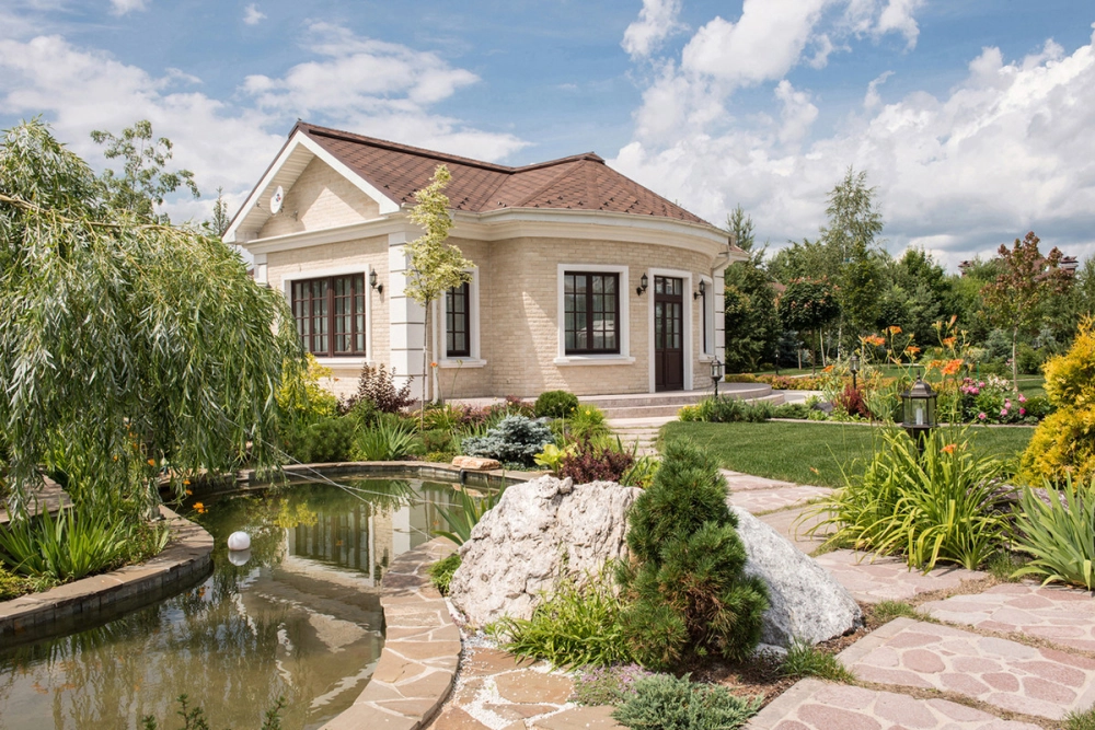 Phối cảnh mặt tiền nhà vườn 1 tầng hiện đại có hồ bơi sang trọng