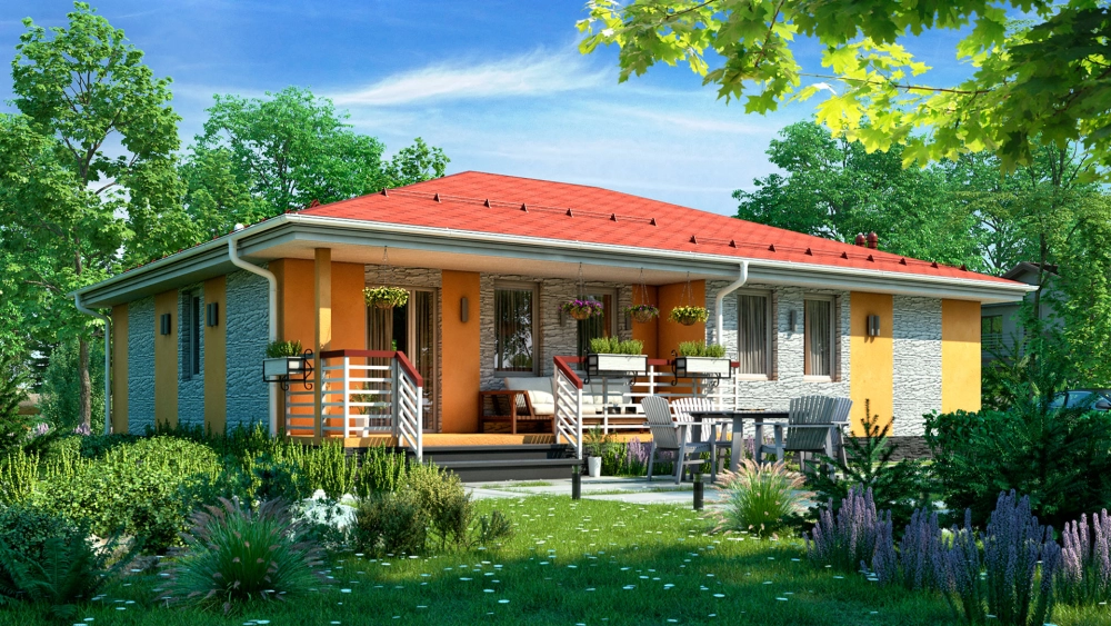 Mẫu nhà vườn 1 tầng mái thái hiện đại với không gian sân vườn xanh mát