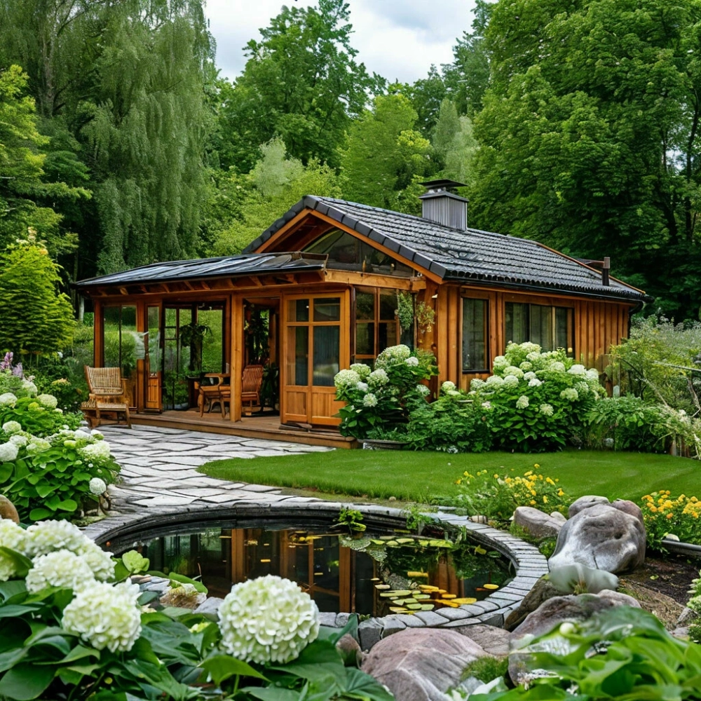 Mẫu nhà vườn 1 tầng đẹp với hệ thống cửa kính lớn lấy sáng