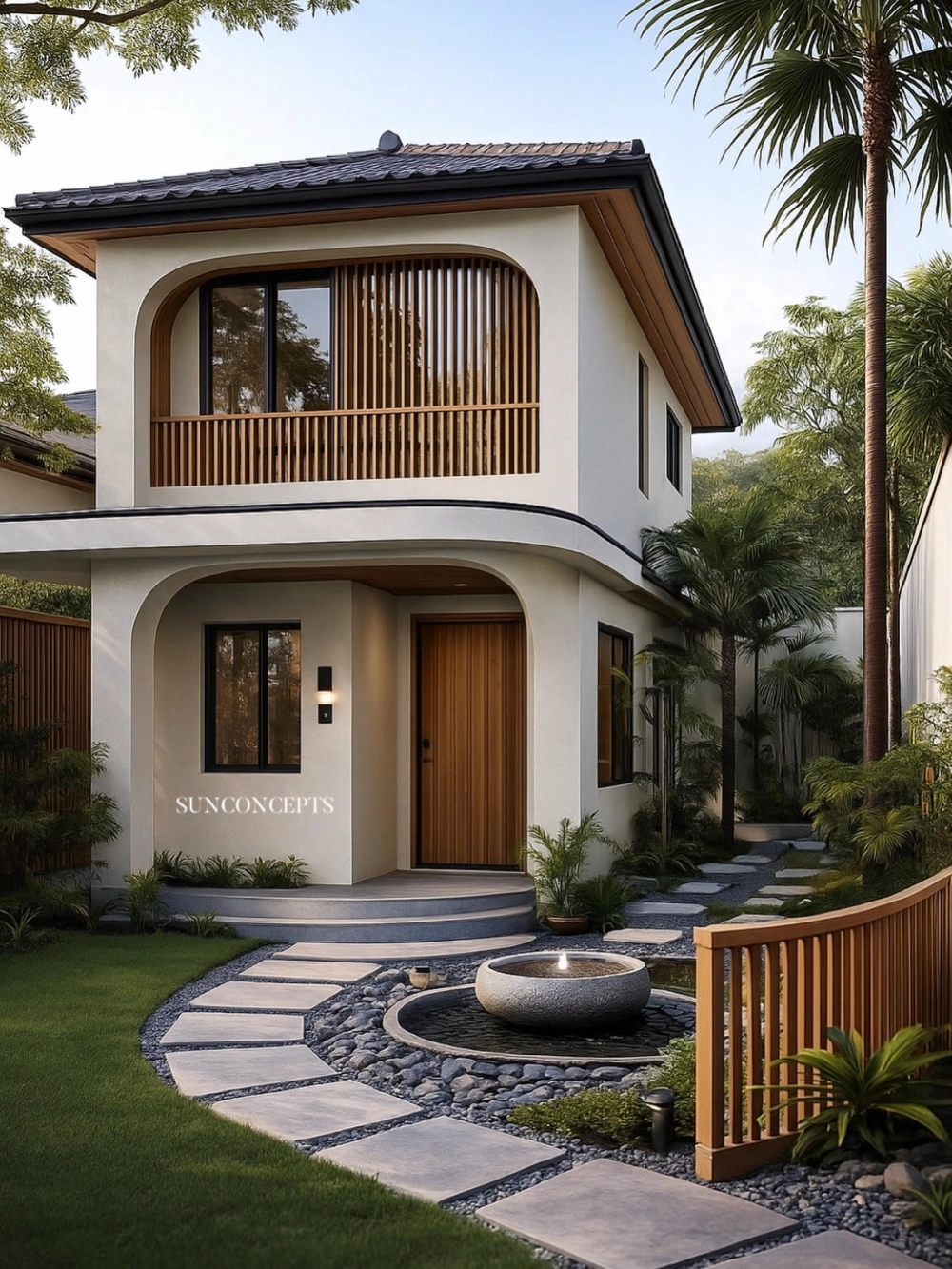 Mẫu nhà 2 tầng có sân vườn rộng trồng nhiều cây xanh