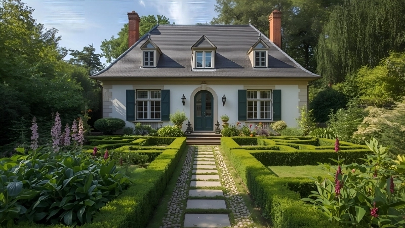 Mặt tiền mẫu nhà vườn châu âu hiện đại với thiết kế mái vòm đặc trưng