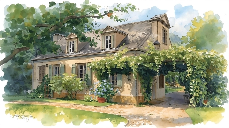 Hàng rào cây xanh được cắt tỉa tỉ mỉ bao quanh nhà vườn châu âu