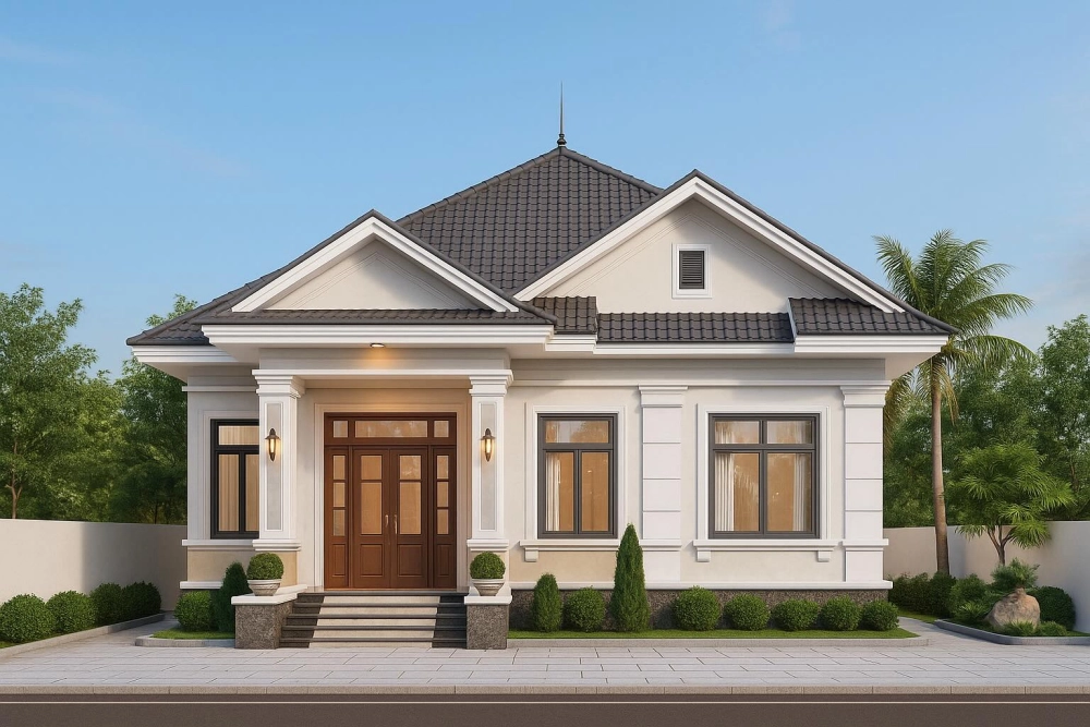 Giàn hoa leo rực rỡ trước hiên nhà vườn đơn giản