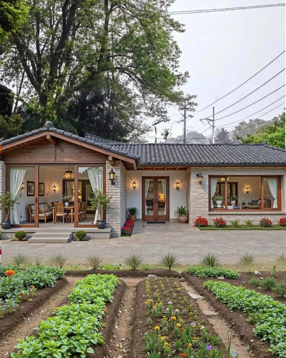 Mẫu nhà vườn đơn giản với không gian xanh mát và lối đi lát đá tự nhiên