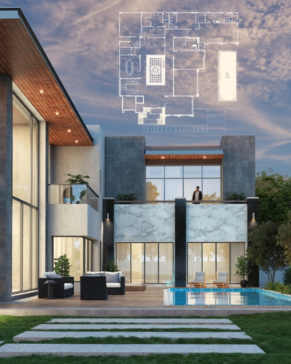 Phối cảnh mặt tiền mẫu nhà vườn mái bằng hiện đại với hệ thống cửa kính lớn