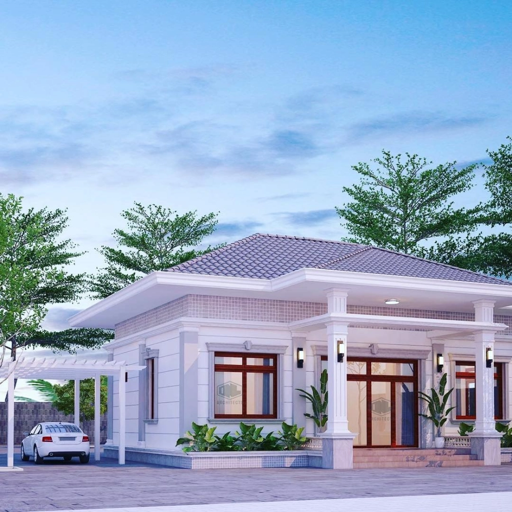 Mẫu nhà vườn mái thái hiện đại sử dụng cửa gỗ tự nhiên sang trọng