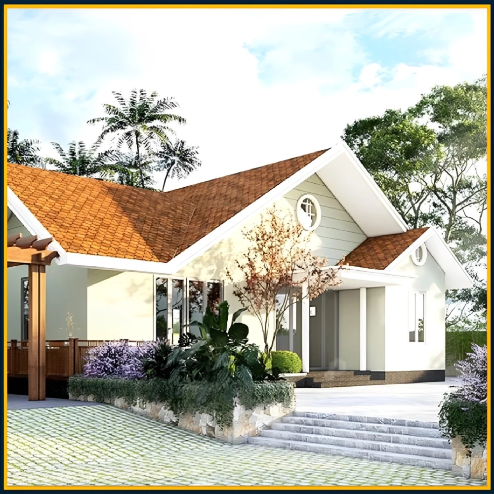 Mặt tiền nhà vườn mái thái đẹp với hệ thống cột trụ vững chãi