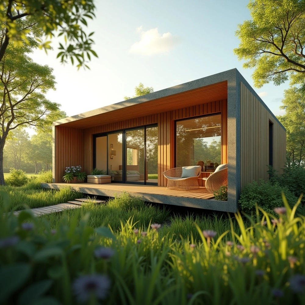 Không gian bếp mở trong nhà vườn tiền chế lắp ghép