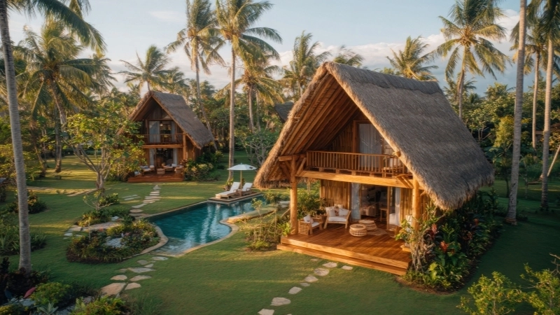 Toàn cảnh ngôi nhà bao phủ cây xanh nhìn từ trên cao