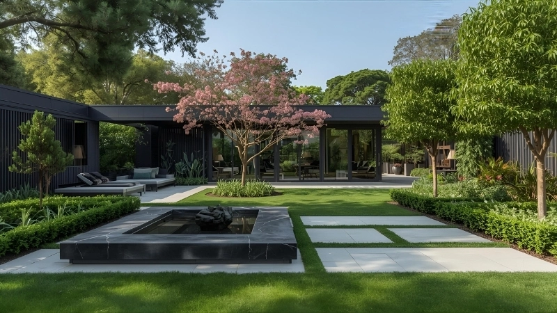 Các kiểu nhà sân vườn đẹp có lối đi rải sỏi trắng tinh tế nghệ thuật