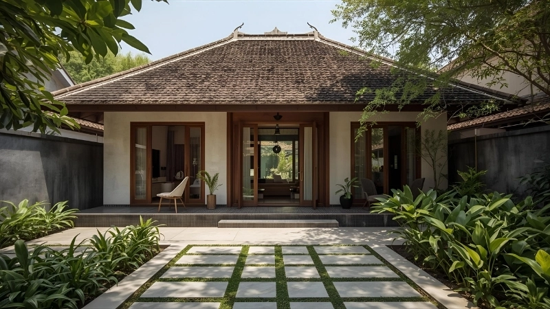 Mẫu thiết kế sân vườn 200m2 với thảm cỏ xanh mướt rộng rãi