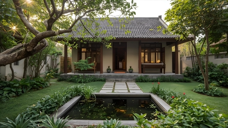 Bộ bàn ghế mây tre đan đặt giữa không gian tư vấn thiết kế nhà vườn mộc mạc