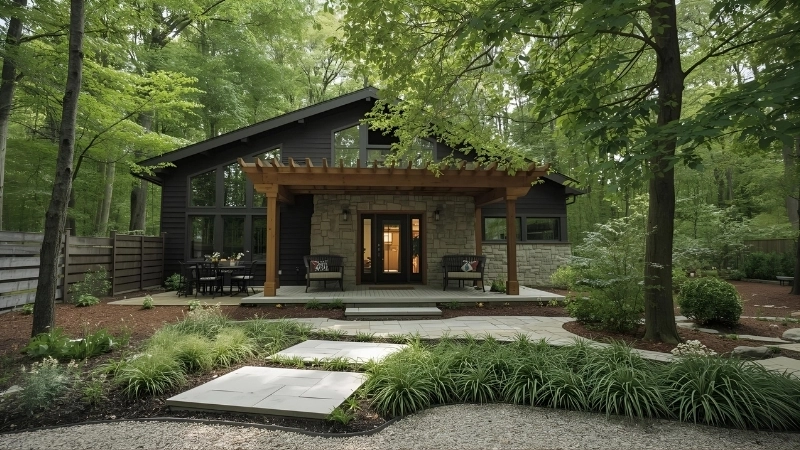 Góc nhìn trên cao của quy hoạch tổng thể nhà vườn hiện đại và thoáng đãng