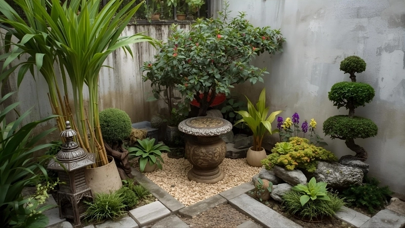 Kiến trúc tiểu cảnh sân vườn nhật bản với hồ cá koi và đèn đá