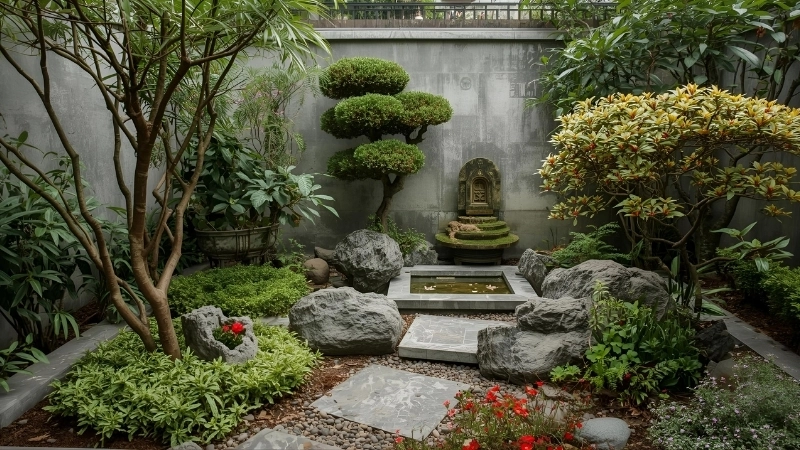 Sân vườn đẹp với thảm cỏ xanh mướt và lối đi lát đá tự nhiên