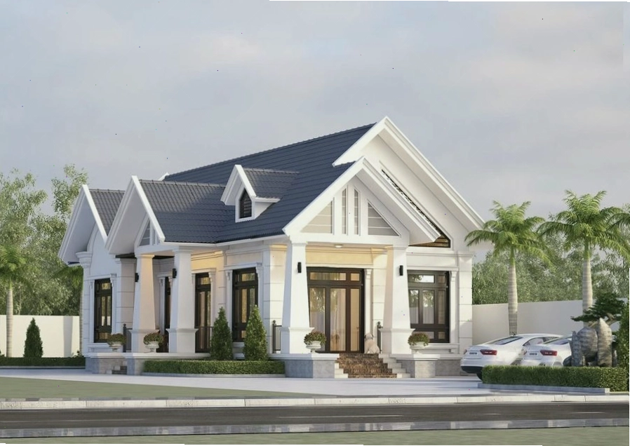 Biệt thự một tầng mái thái hiện đại gam trắng xanh trang nhã