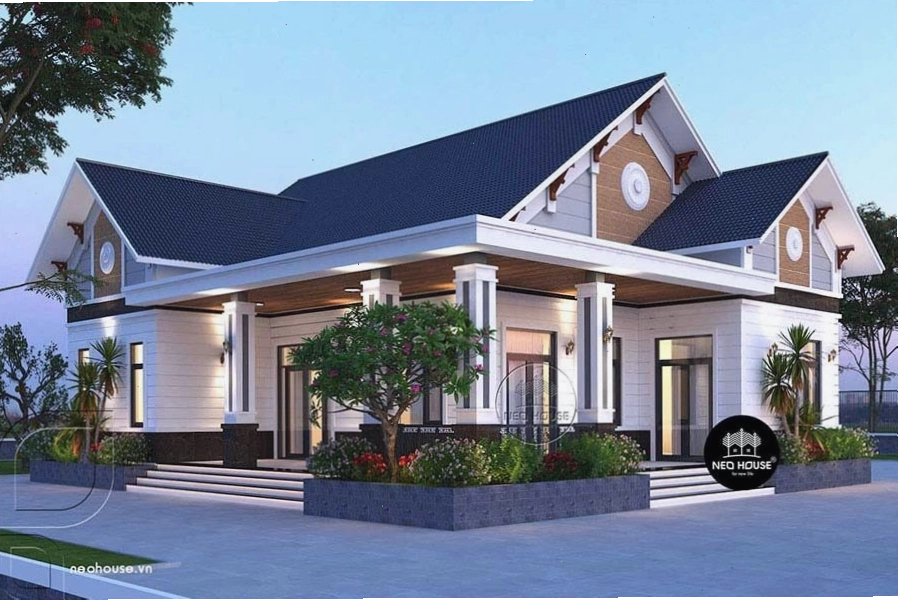 Biệt thự nhà vườn 1 tầng mái thái hiện đại với cảnh quan xanh mát
