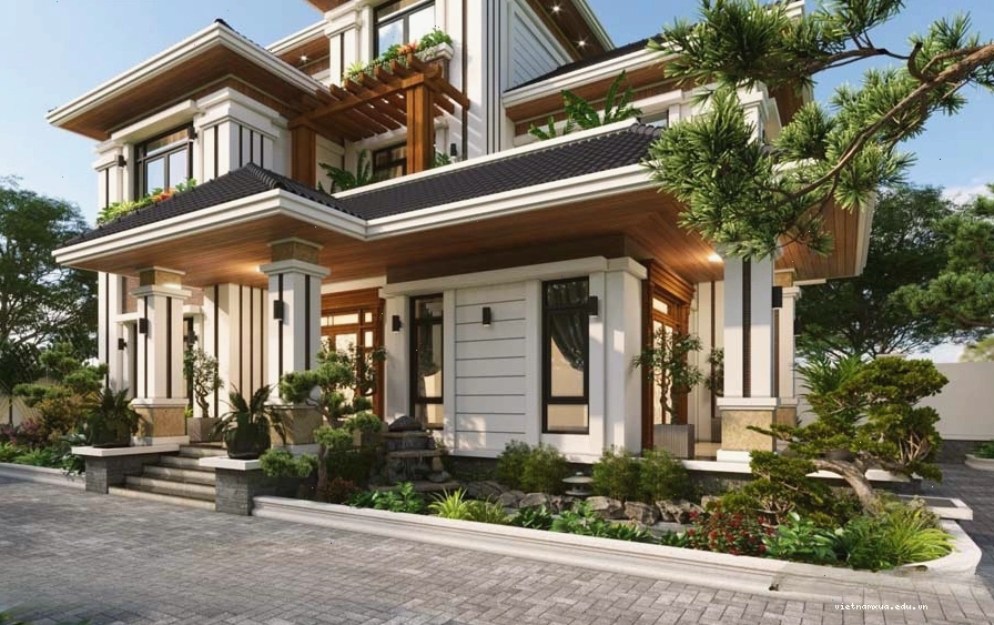 Biệt thự nhà vườn mái Thái có ao cá trước nhà