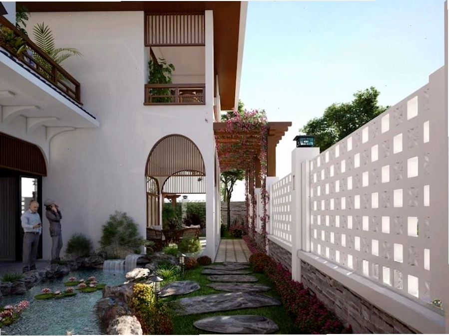 Biệt thự sân vườn 2 tầng có hồ cá và cây xanh