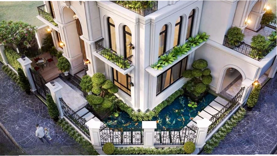 Biệt thự sân vườn mái bằng có hồ cá