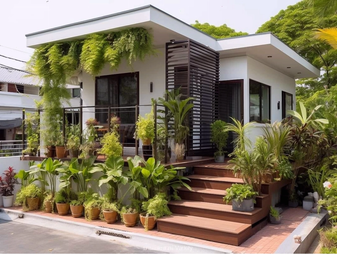 Bố trí chậu cây làm vườn trước nhà theo chiều thẳng đứng