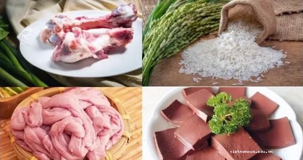 Các nguyên liệu tươi ngon chuẩn bị cho món cháo lòng huyết khoanh