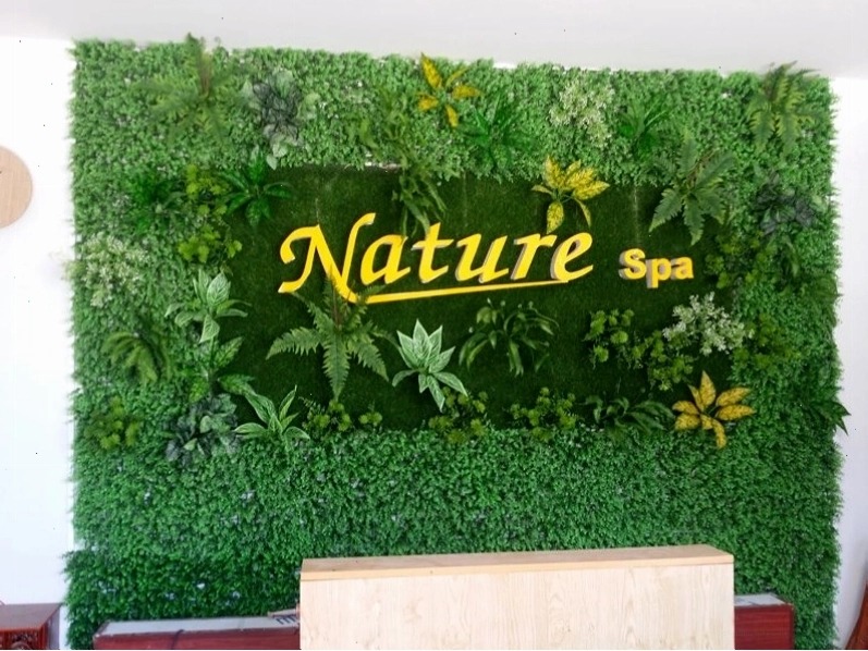 Cỏ nhân tạo được sử dụng để ốp tường trang trí quán cafe