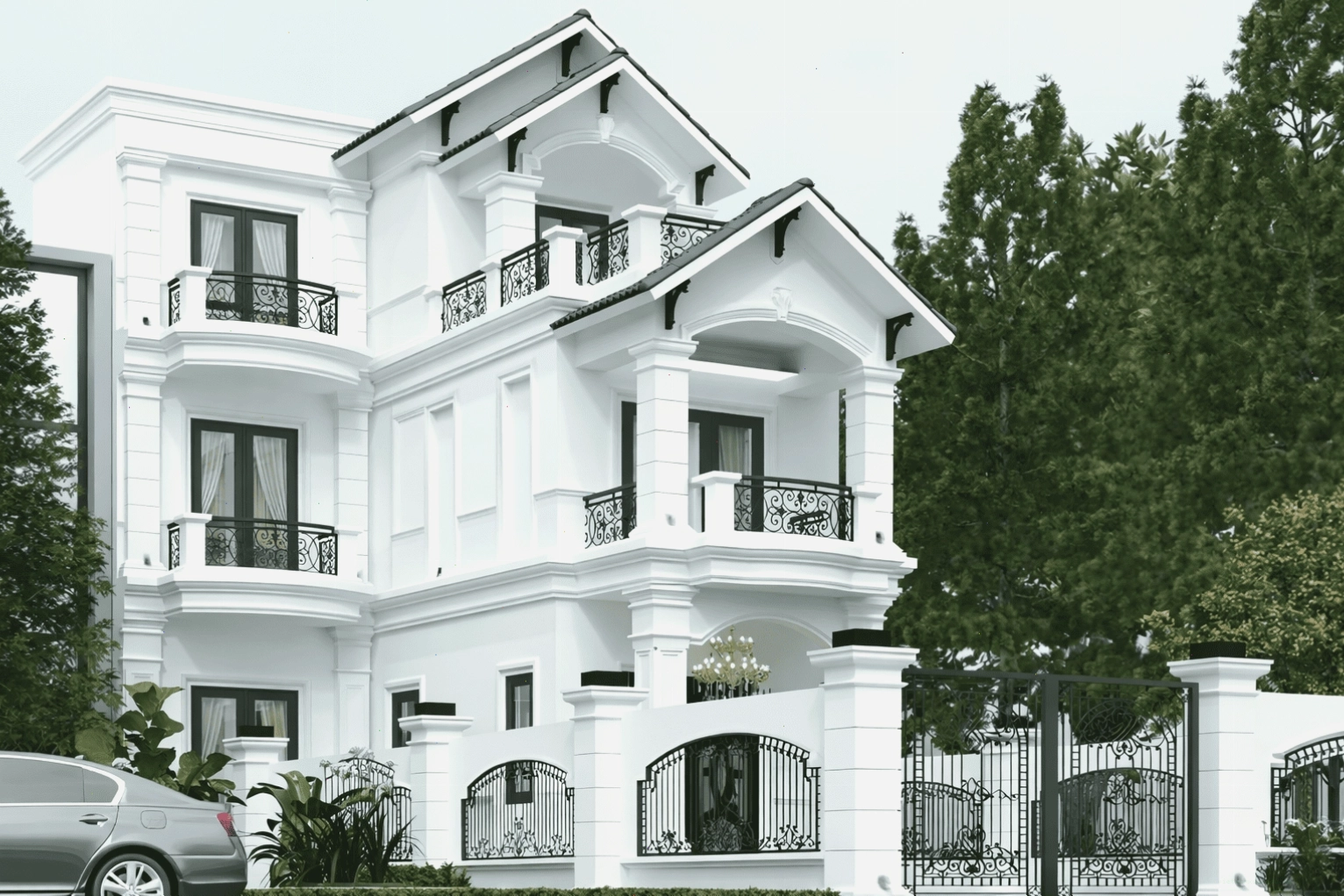 Hệ ban công uốn cong và lan can sắt mỹ thuật tinh tế