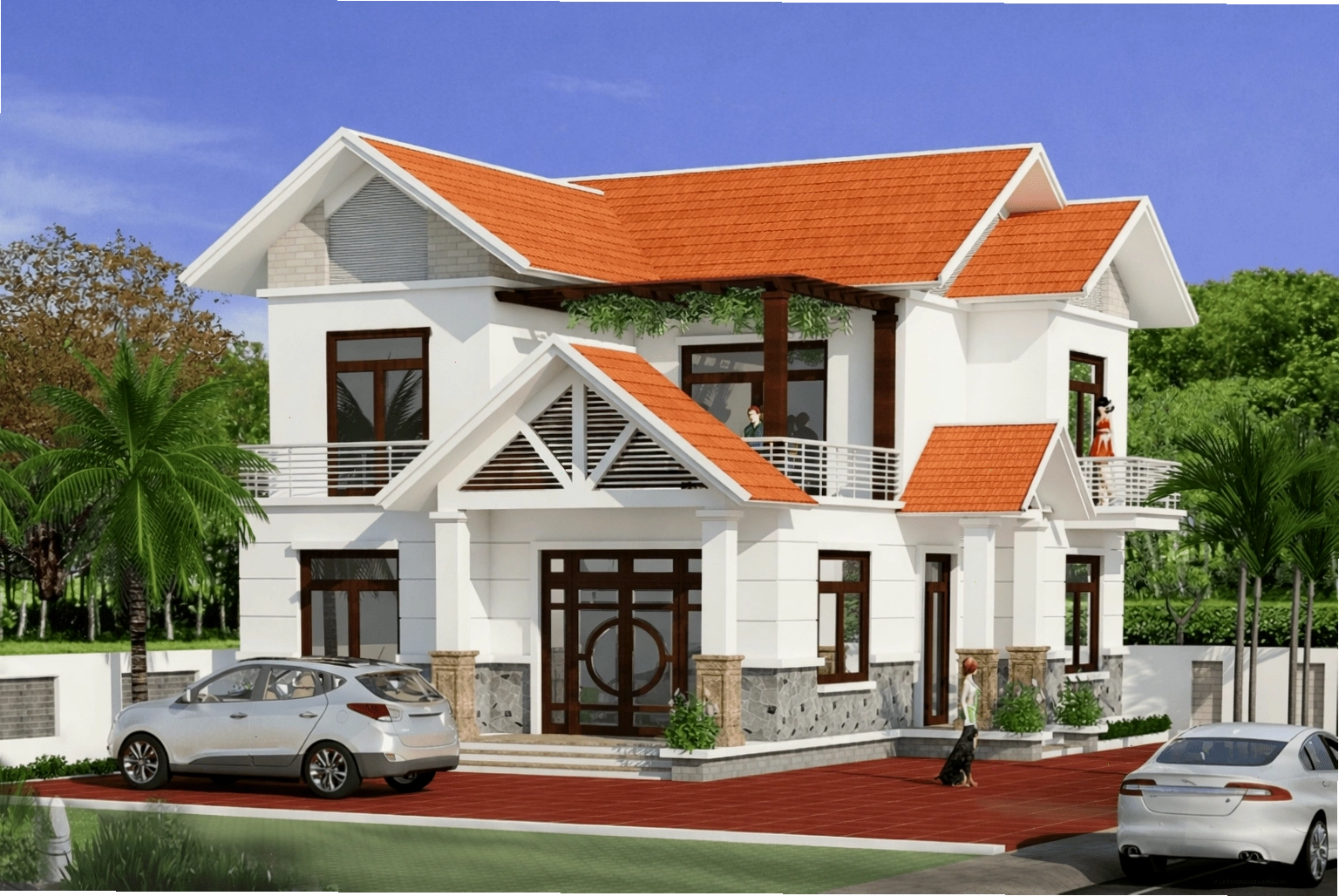 Hệ mái Thái lợp ngói đỏ tươi và sân vườn rộng rãi