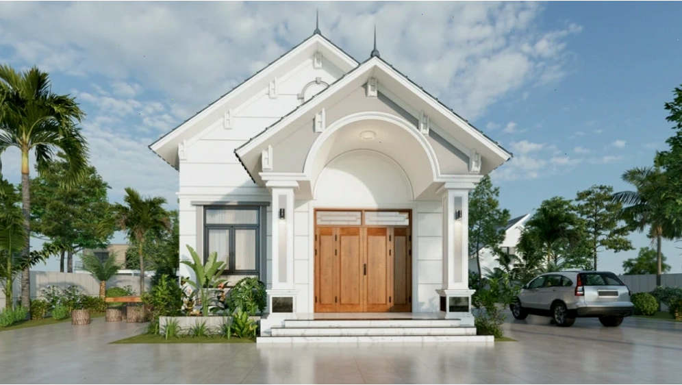 Hệ mái Thái màu ghi kết hợp sân vườn tạo nên căn nhà vườn cấp 4 hài hòa