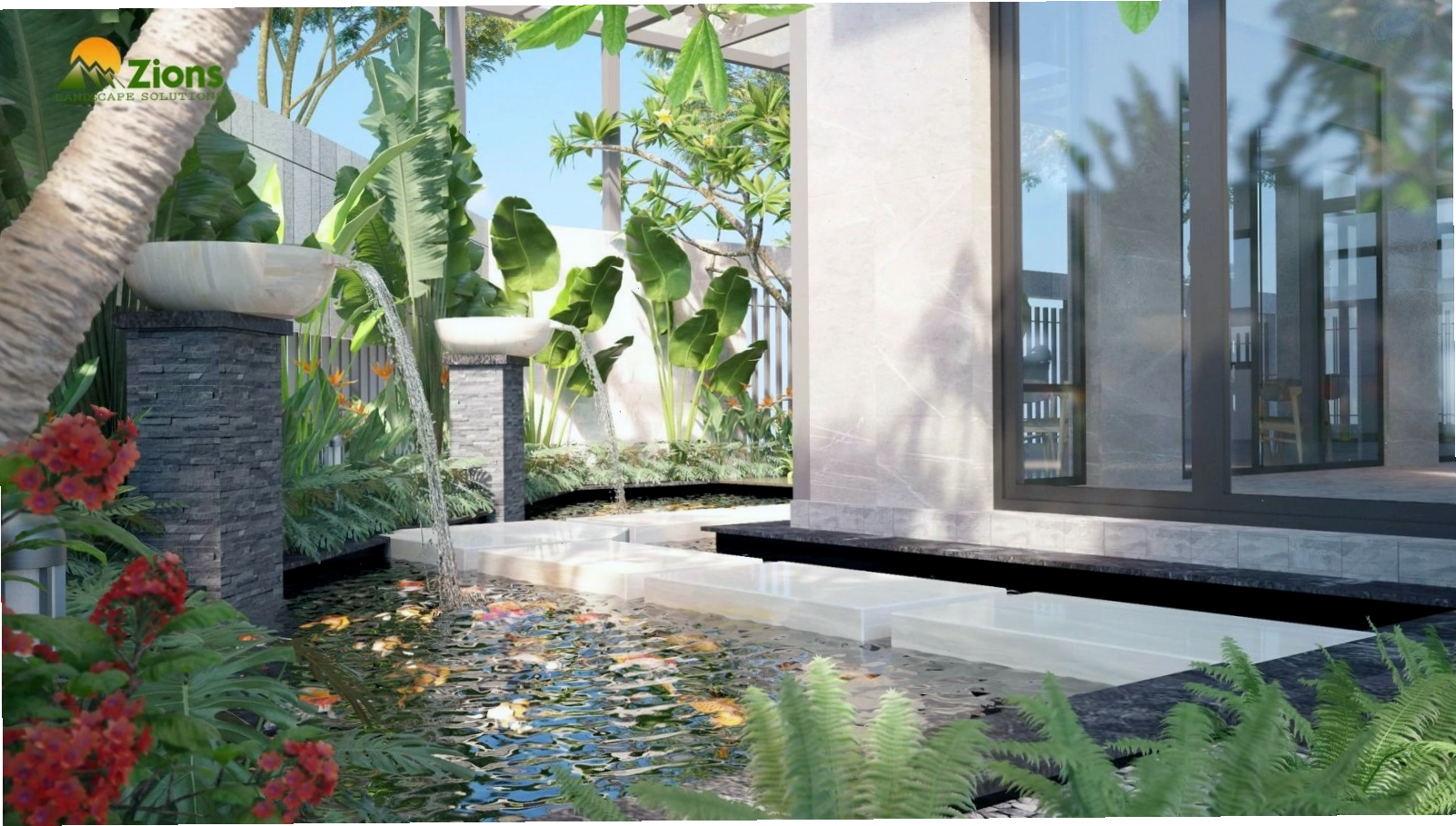 Hồ cá Koi trong sân vườn nhà cấp 4 hiện đại