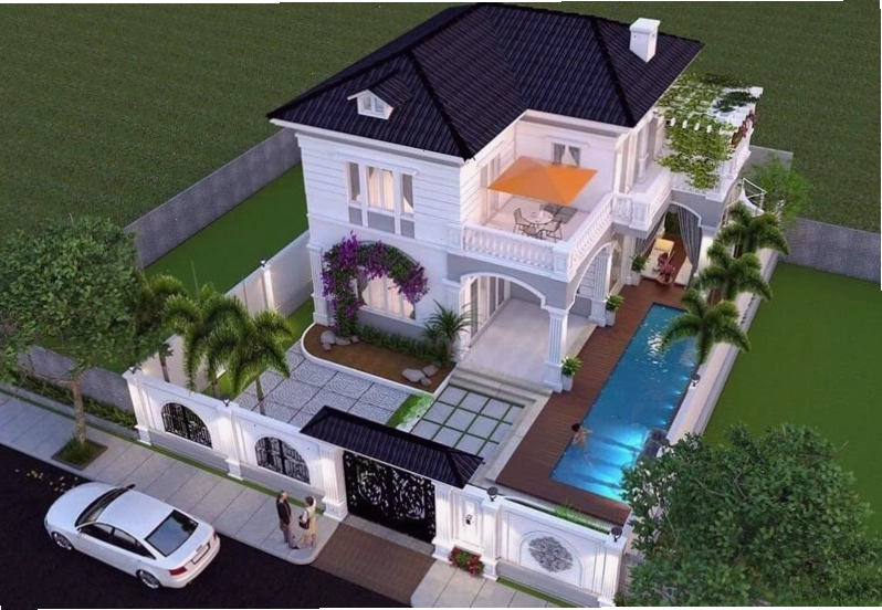 Không gian ngoại thất ấn tượng của nhà 2 tầng có hồ bơi