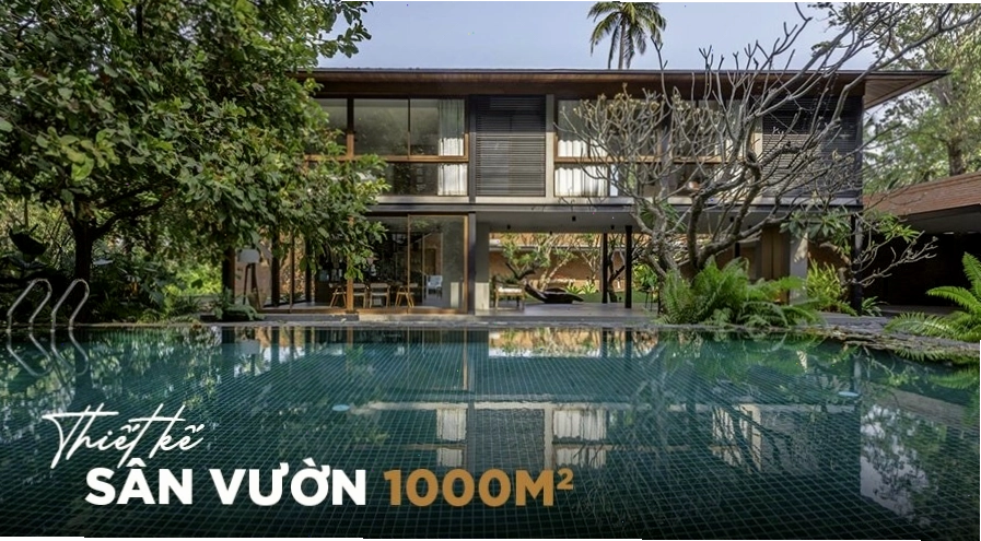 Không gian sân vườn 1000m2 hiện đại với sự đa dạng của cây xanh và lối đi lát đá