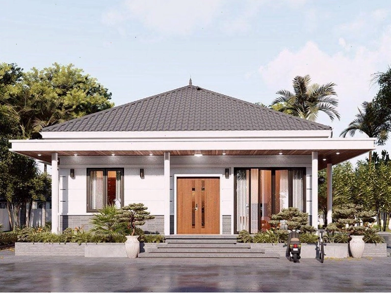 Không gian sân vườn xanh mát bao quanh nhà vườn mái Nhật 1 tầng