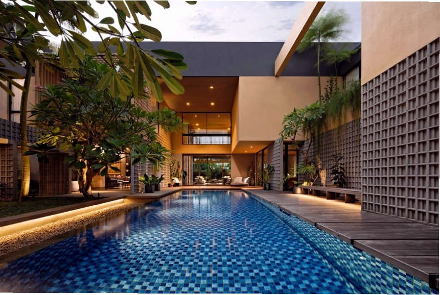 Khu vực hồ bơi trong thiết kế nhà vườn 1000m2 hiện đại
