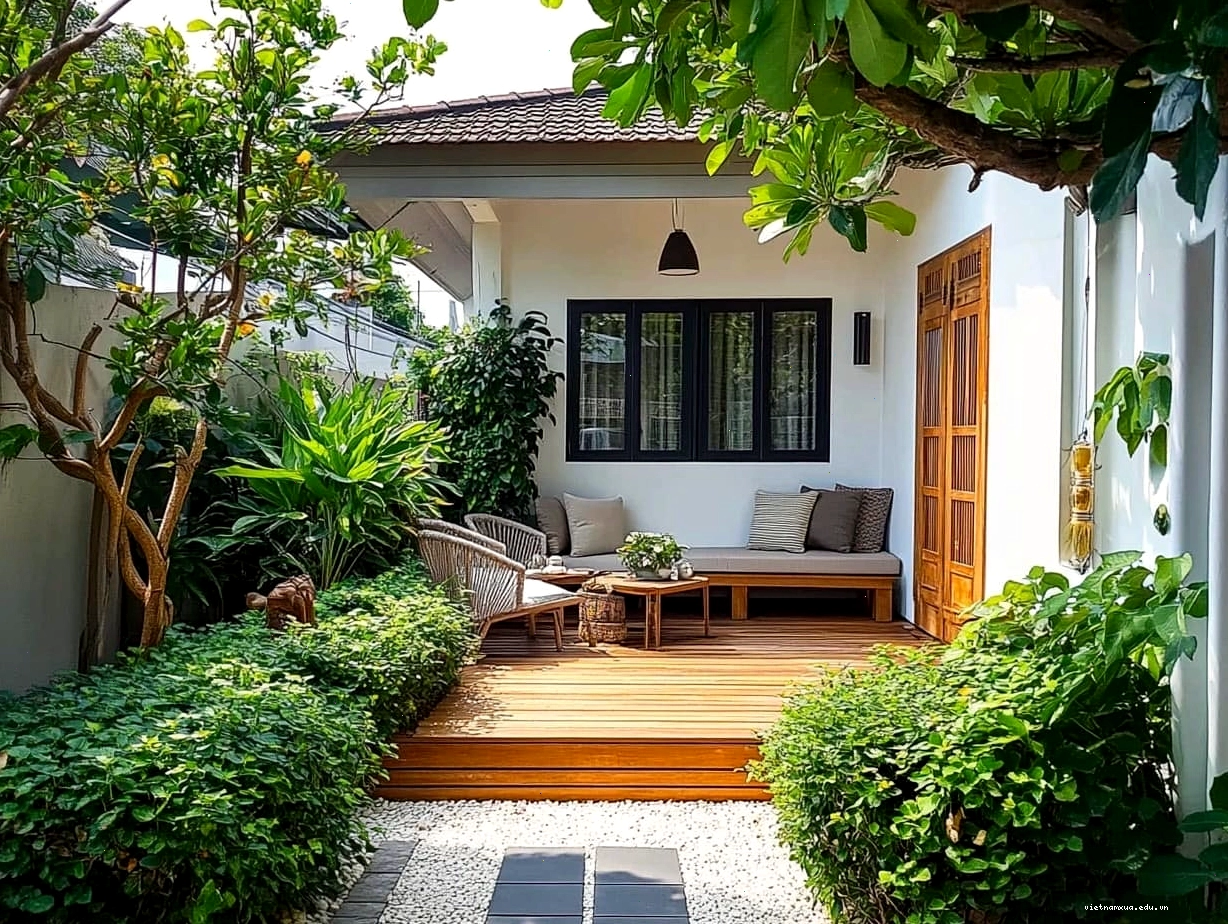 Khu vực ngồi thư giãn trong sân vườn nhà cấp 4