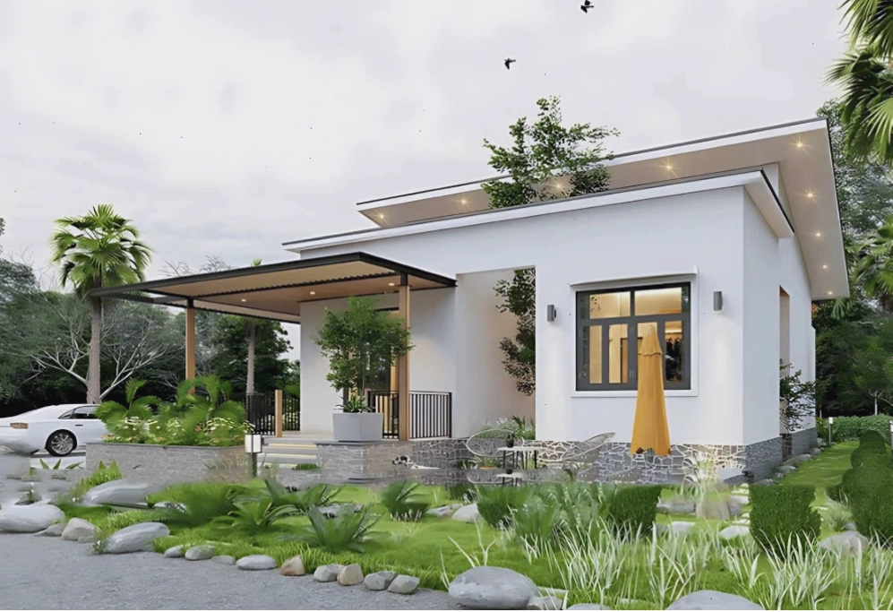 Khu vực trước hiên nhà vườn cấp 4 được tận dụng làm khu vườn nhỏ xinh