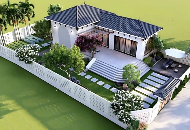 Khu vườn quy hoạch quanh nhà cấpL với cây xanh, thảm cỏ