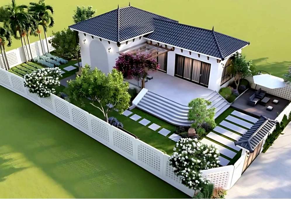 Khu vườn quy hoạch quanh nhà vườn cấp 4 với cây xanh và thảm cỏ