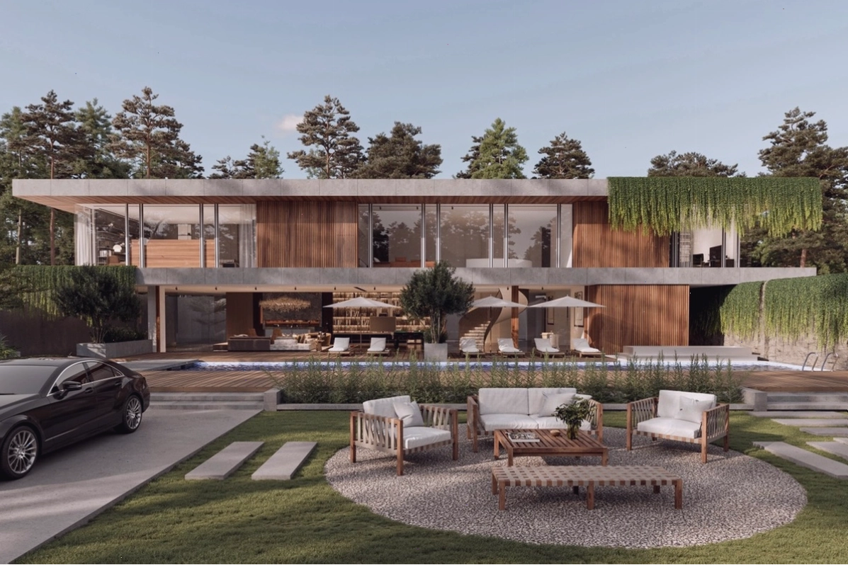 Kiến trúc nhà vườn 1000m2 hiện đại với vật liệu thô mộc và cây xanh bao quanh