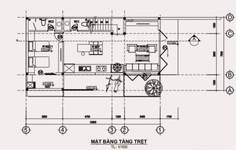 Mặt bằng tầng trệt biệt thự sân vườn 3 tầng hiện đại với không gian sinh hoạt chung rộng rãi